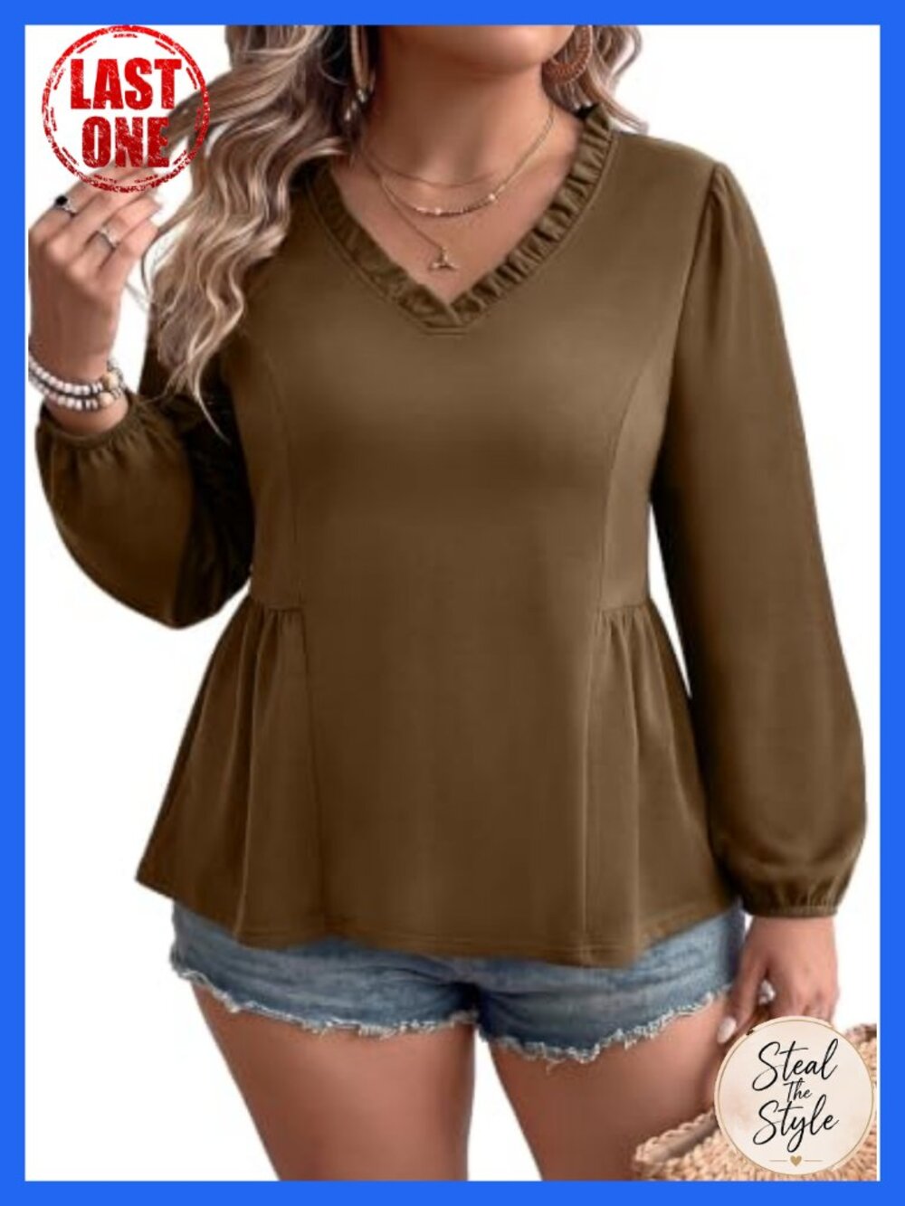 Plus Size Peplum Babydoll Blouse Ruffle V Neck Long Sleeve Knit Office Top